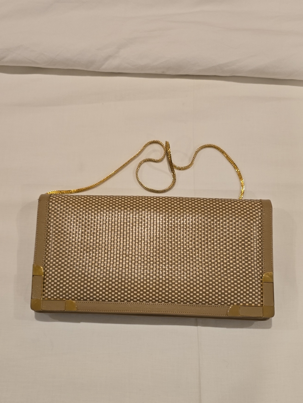 Vintage Woven Beige Crossbody Clutch with Gold Chain.